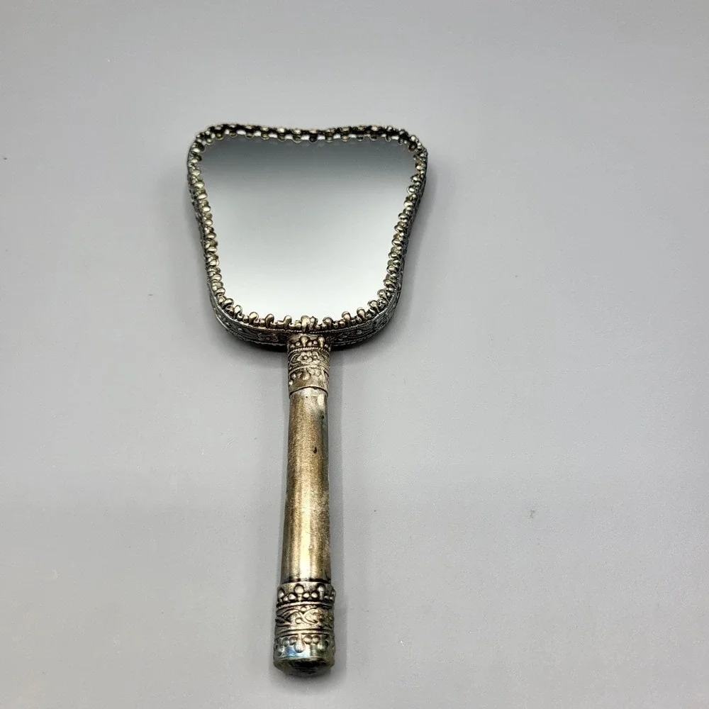 Vintage Hand Mirror Repousse Floral Dragonfly Silver Tone Ornate 6.5